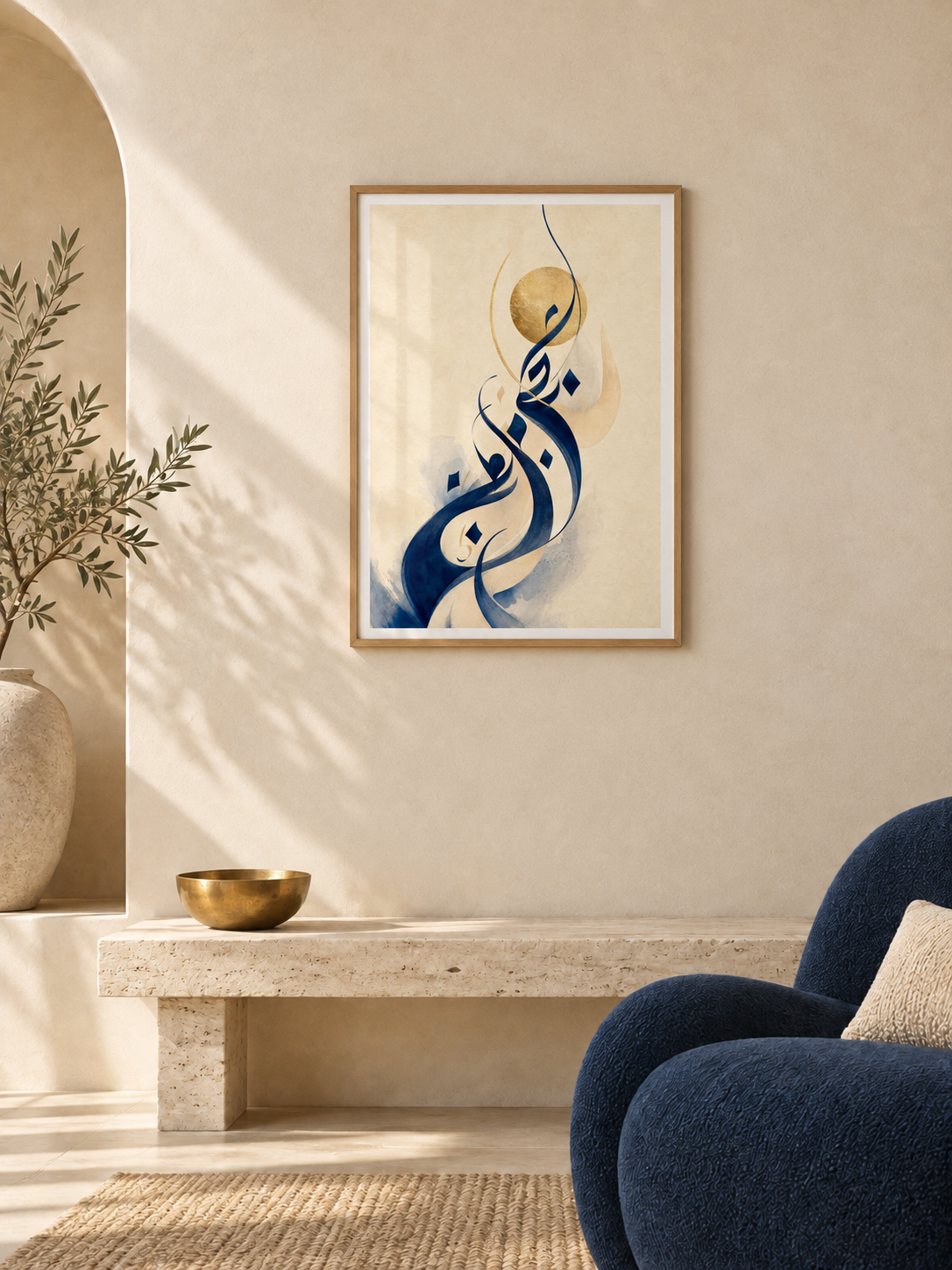 Nour navy and gold Arabic art in a light wooden texture PVC frame above a travertine bench in an ivory interior.