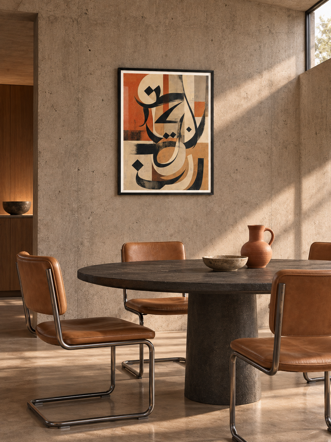 Terracotta Script: terracotta and charcoal abstract Arabic calligraphy, displayed in a slim black frame in a styled interior.