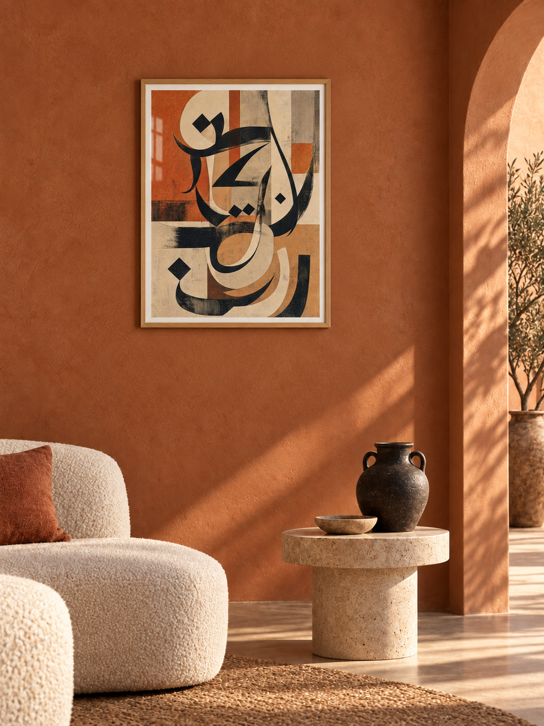 Terracotta Script: terracotta and charcoal abstract Arabic calligraphy, displayed in a slim light wooden texture PVC frame in a styled interior.