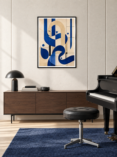 Blue Arch: blue Arabic-inspired calligraphy and arch forms, displayed in a slim black frame in a styled interior.