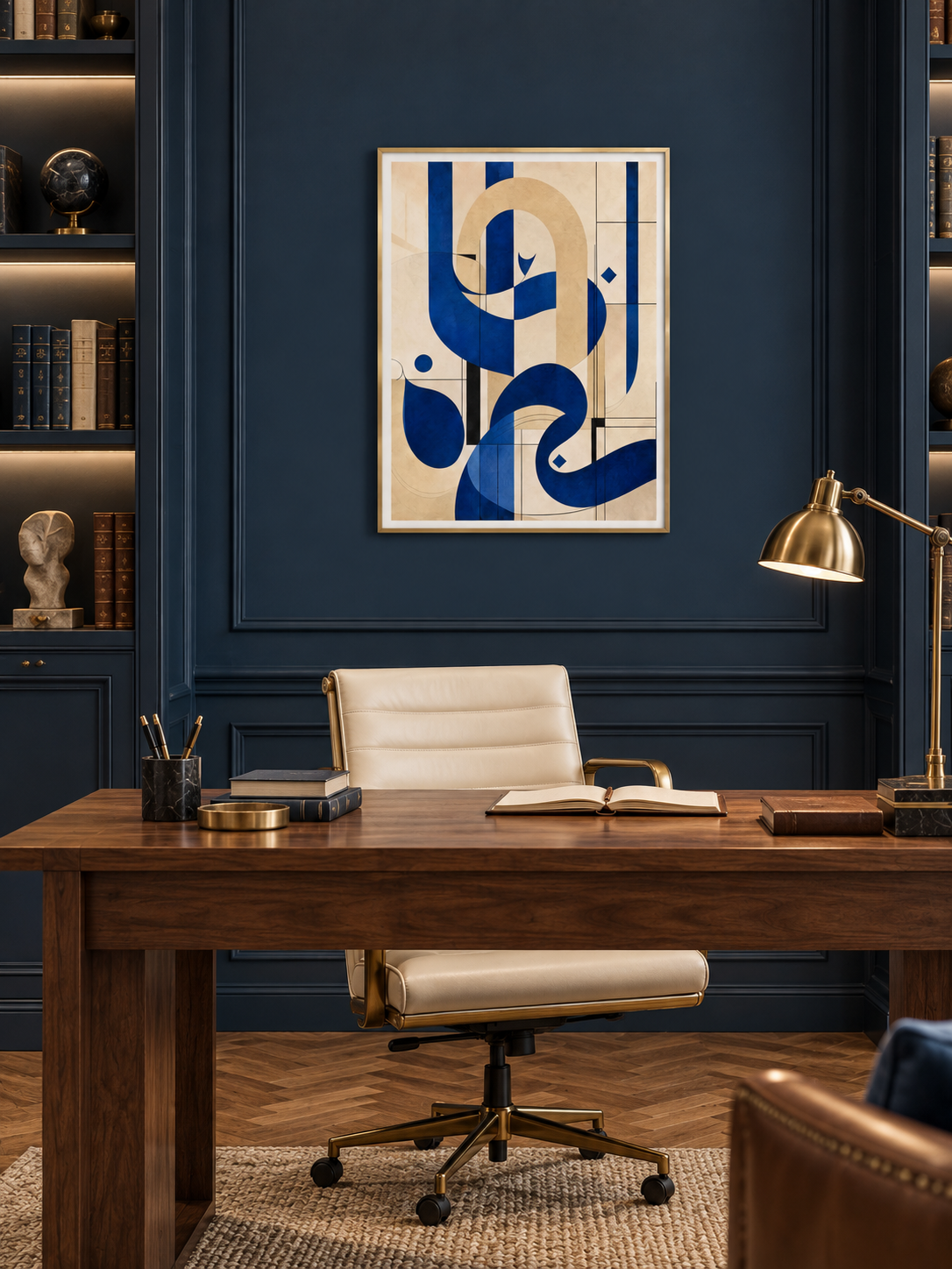 Blue Arch: blue Arabic-inspired calligraphy and arch forms, displayed in a slim gold frame in a styled interior.