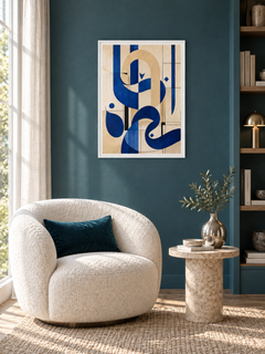 Blue Arch: blue Arabic-inspired calligraphy and arch forms, displayed in a slim white frame in a styled interior.