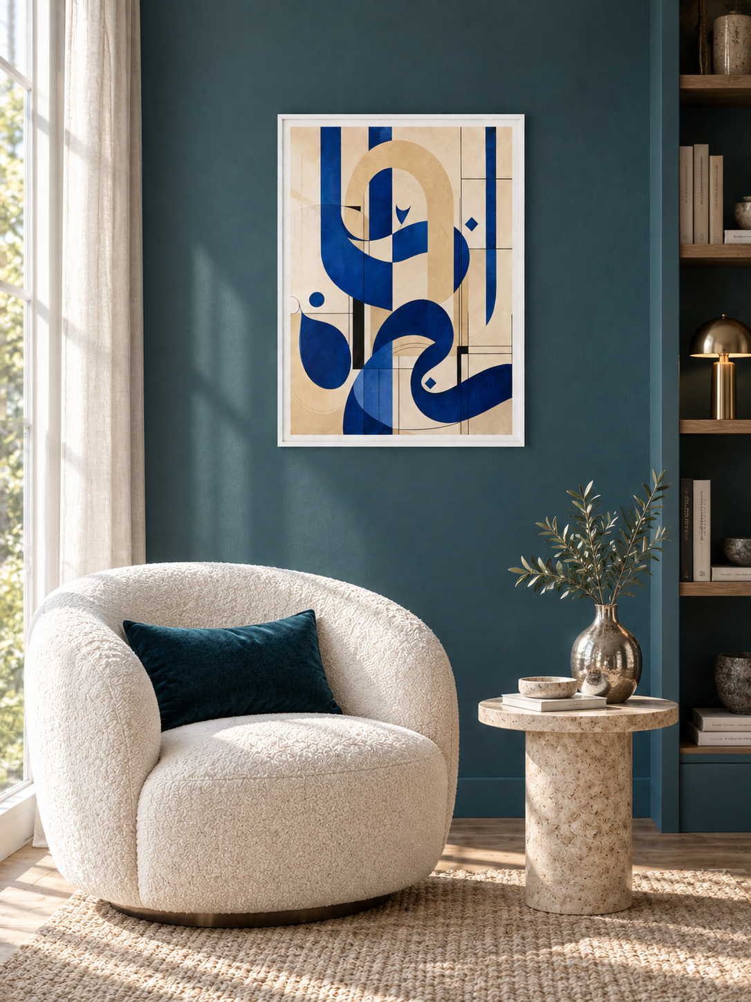 Blue Arch: blue Arabic-inspired calligraphy and arch forms, displayed in a slim white frame in a styled interior.