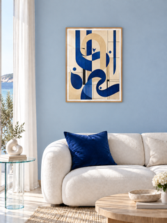 Blue Arch: blue Arabic-inspired calligraphy and arch forms, displayed in a slim light wooden texture PVC frame in a styled interior.
