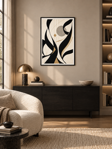Golden Rhythm: dark abstract Arabic forms with gold accents, displayed in a slim black frame in a styled interior.
