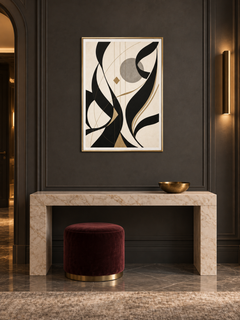 Golden Rhythm: dark abstract Arabic forms with gold accents, displayed in a slim gold frame in a styled interior.