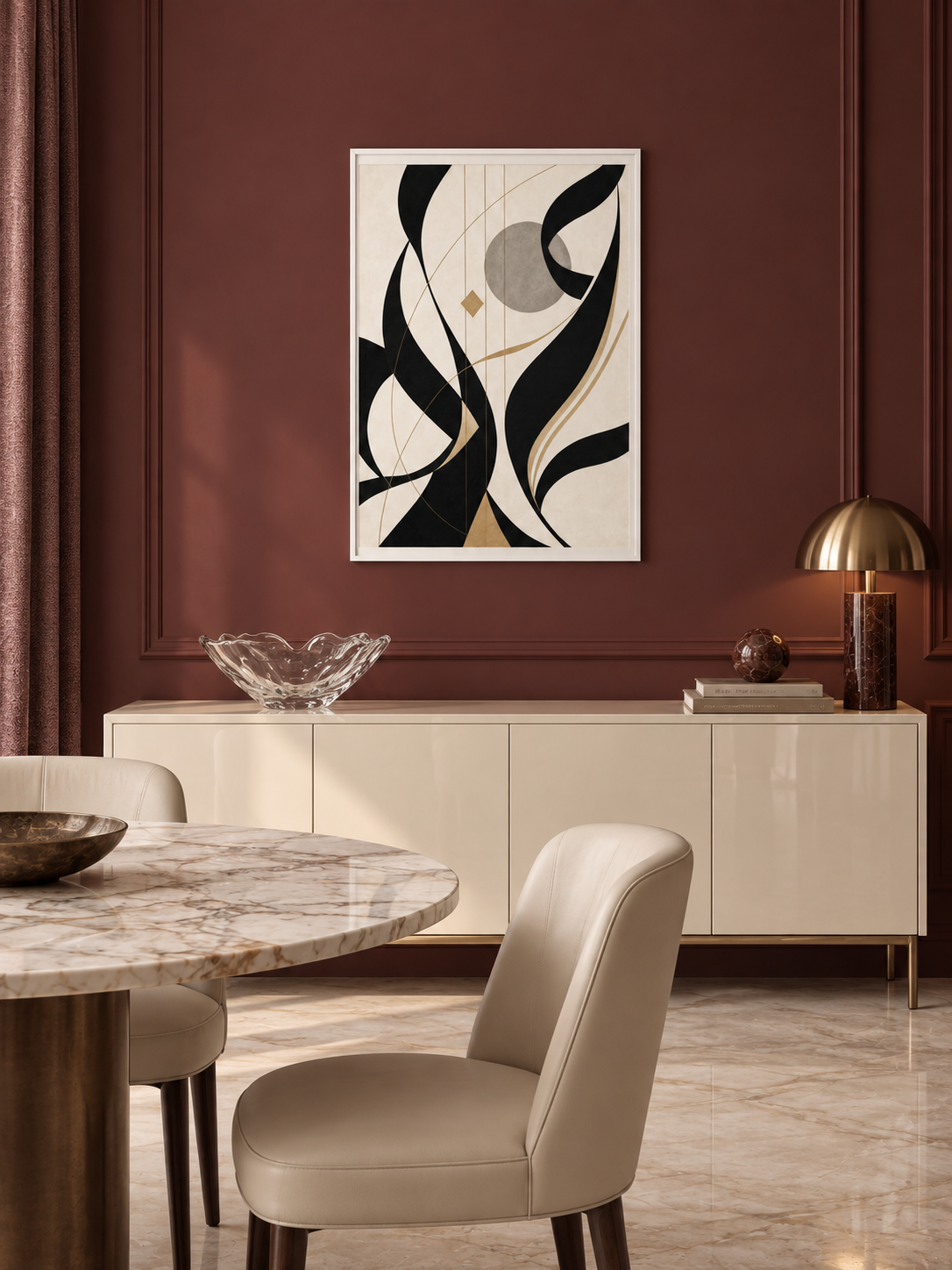 Golden Rhythm: dark abstract Arabic forms with gold accents, displayed in a slim white frame in a styled interior.