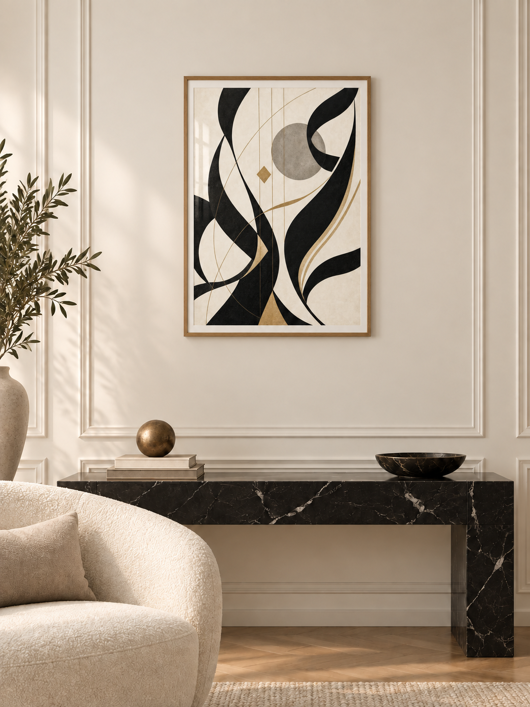 Golden Rhythm: dark abstract Arabic forms with gold accents, displayed in a slim light wooden texture PVC frame in a styled interior.