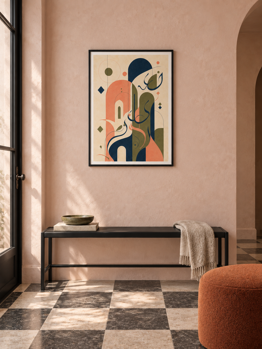 Soft Geometry: soft-toned geometric Arabic-inspired abstract art, displayed in a slim black frame in a styled interior.