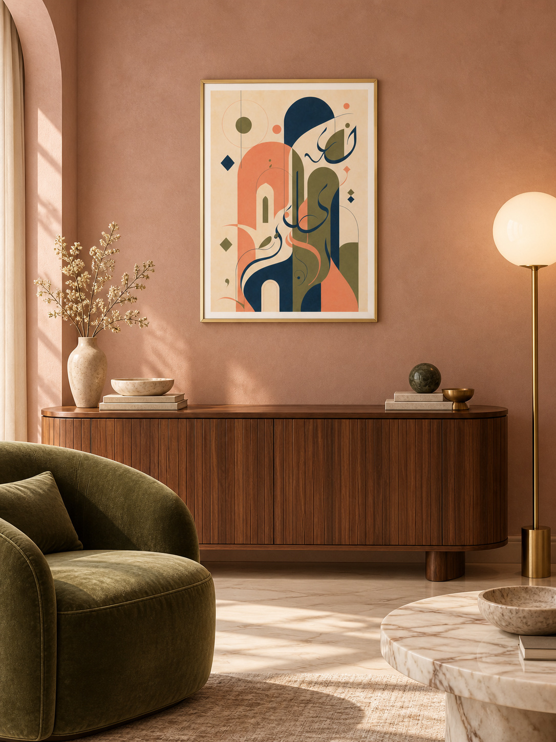 Soft Geometry: soft-toned geometric Arabic-inspired abstract art, displayed in a slim gold frame in a styled interior.