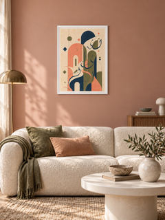 Soft Geometry: soft-toned geometric Arabic-inspired abstract art, displayed in a slim white frame in a styled interior.
