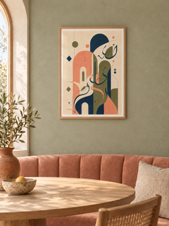 Soft Geometry: soft-toned geometric Arabic-inspired abstract art, displayed in a slim light wooden texture PVC frame in a styled interior.