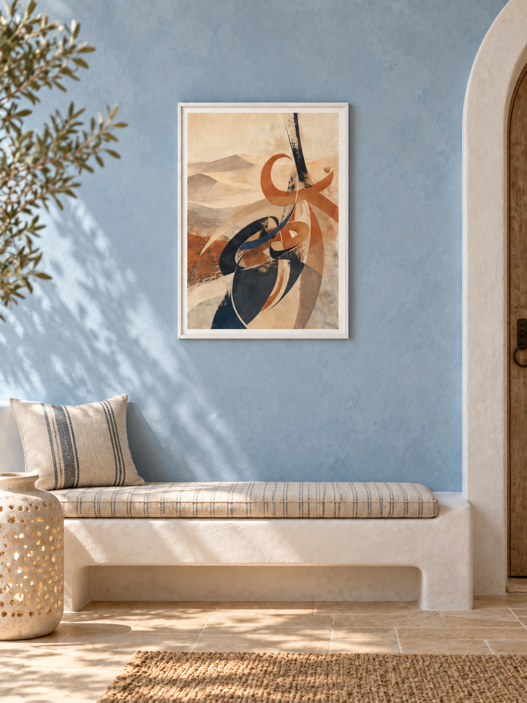 Desert Flow: sand-toned flowing Arabic-inspired abstract art, displayed in a slim white frame in a styled interior.