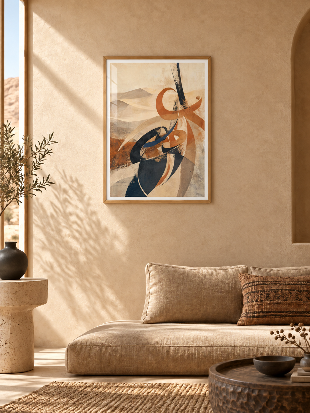 Desert Flow: sand-toned flowing Arabic-inspired abstract art, displayed in a slim light wooden texture PVC frame in a styled interior.