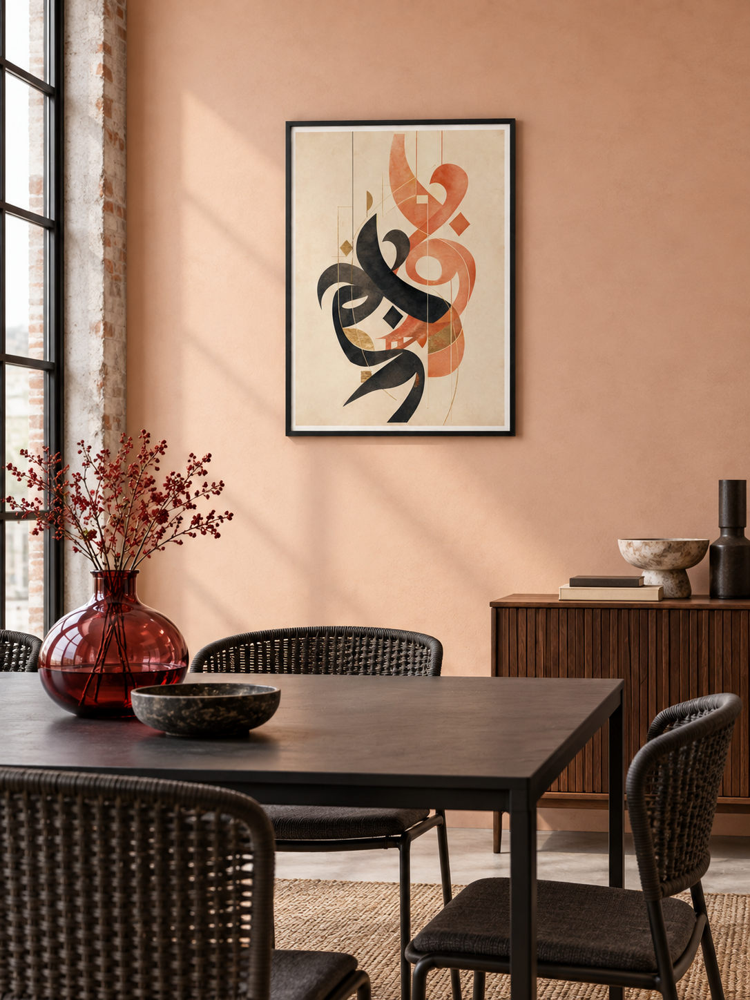 Coral Verse: coral and charcoal Arabic abstract calligraphy, displayed in a slim black frame in a styled interior.