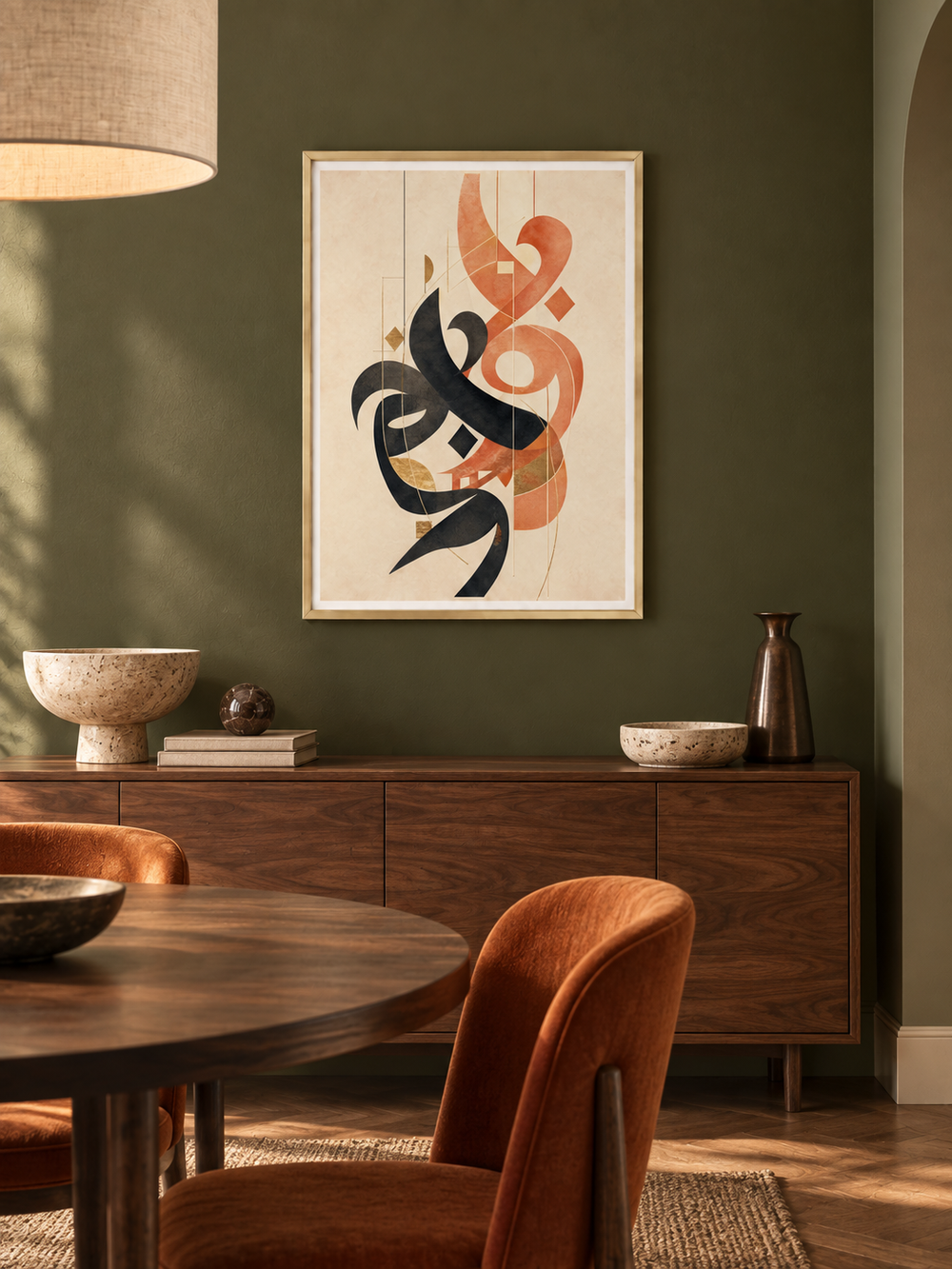 Coral Verse: coral and charcoal Arabic abstract calligraphy, displayed in a slim gold frame in a styled interior.