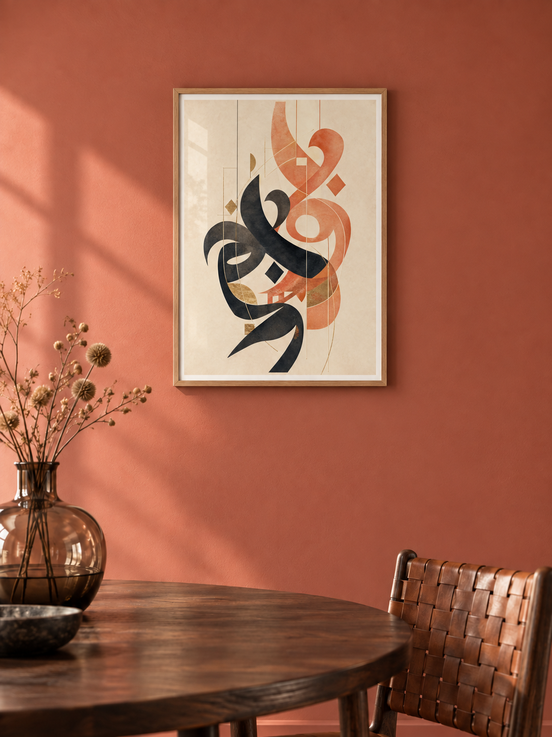 Coral Verse: coral and charcoal Arabic abstract calligraphy, displayed in a slim light wooden texture PVC frame in a styled interior.