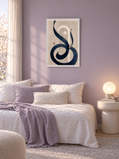 Moonline: navy calligraphic curves with a pale arch and moon-like circle, displayed in a slim white frame in a styled interior.