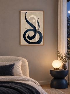 Moonline: navy calligraphic curves with a pale arch and moon-like circle, displayed in a slim light wooden texture PVC frame in a styled interior.