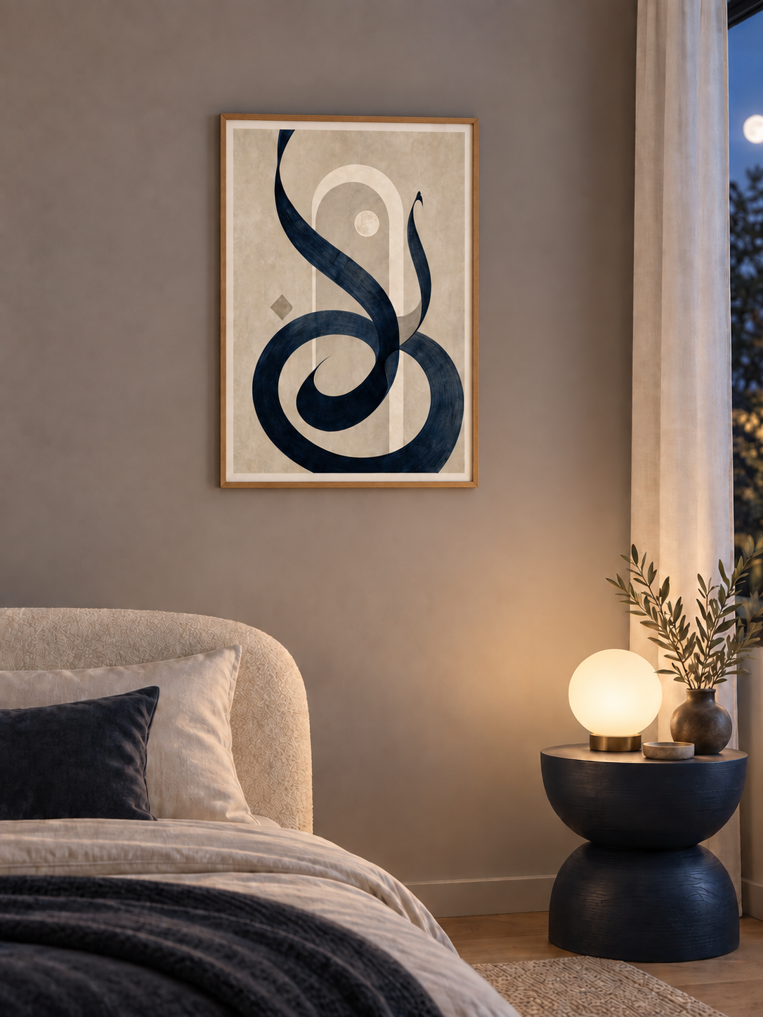 Moonline: navy calligraphic curves with a pale arch and moon-like circle, displayed in a slim light wooden texture PVC frame in a styled interior.