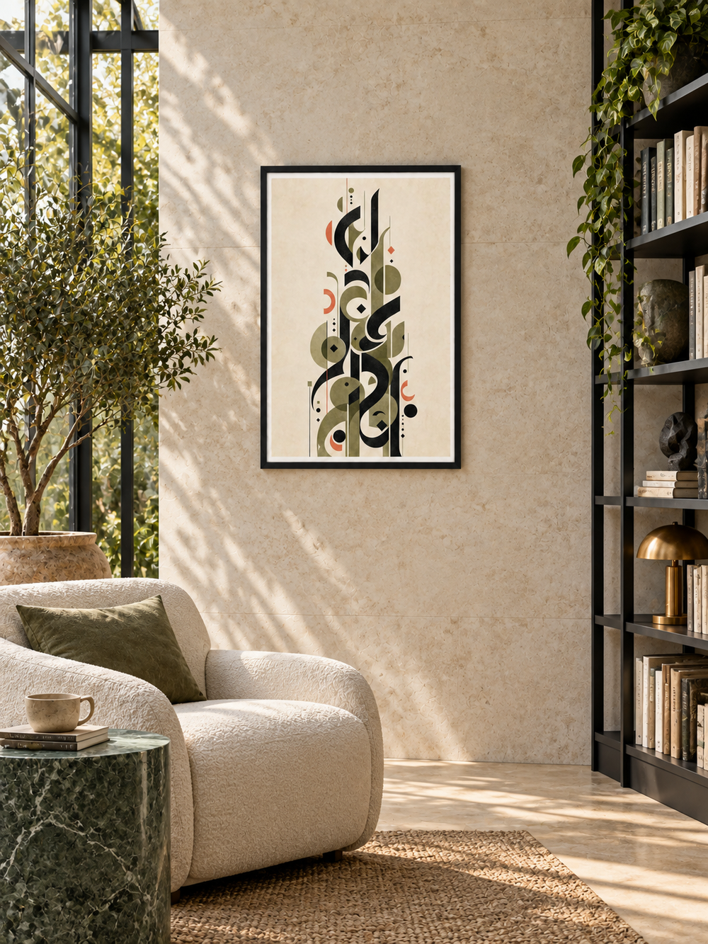Olive Letterform: olive and charcoal Arabic letterforms with coral accents, displayed in a slim black frame in a styled interior.