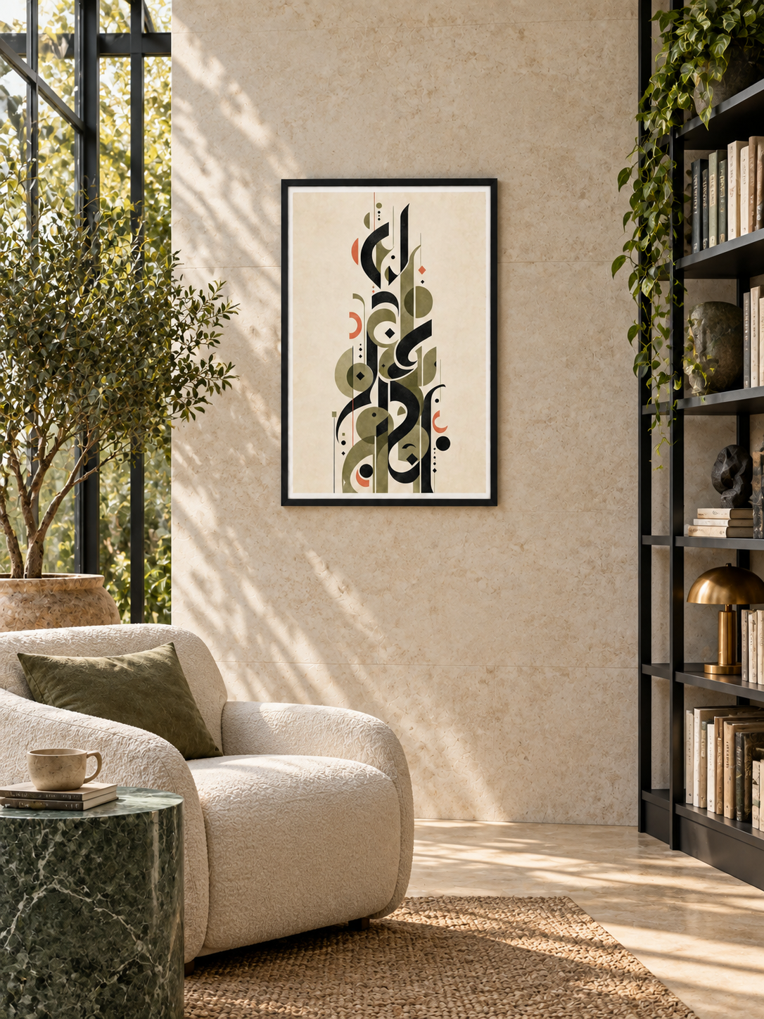 Olive Letterform: olive and charcoal Arabic letterforms with coral accents, displayed in a slim black frame in a styled interior.