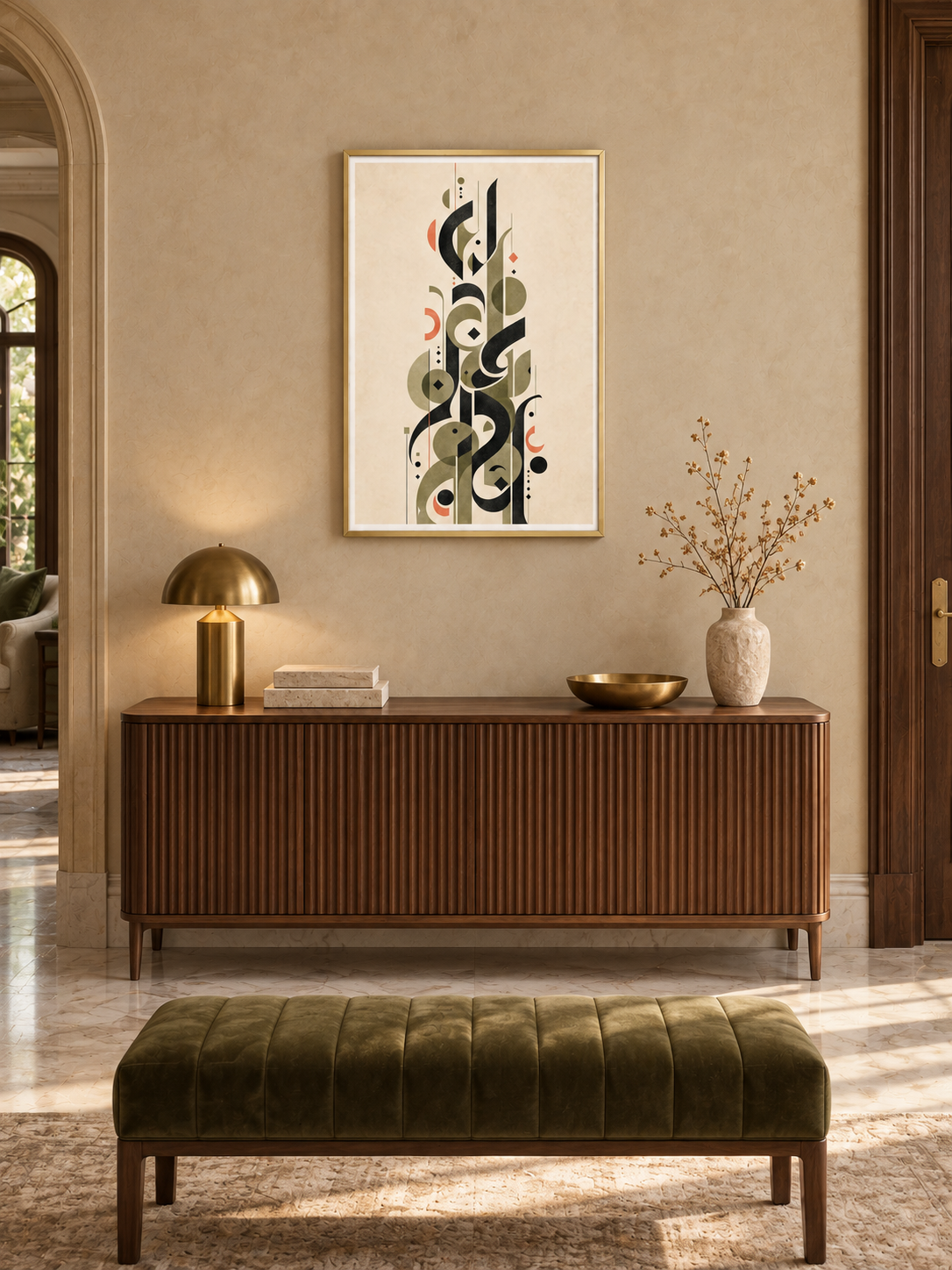 Olive Letterform: olive and charcoal Arabic letterforms with coral accents, displayed in a slim gold frame in a styled interior.