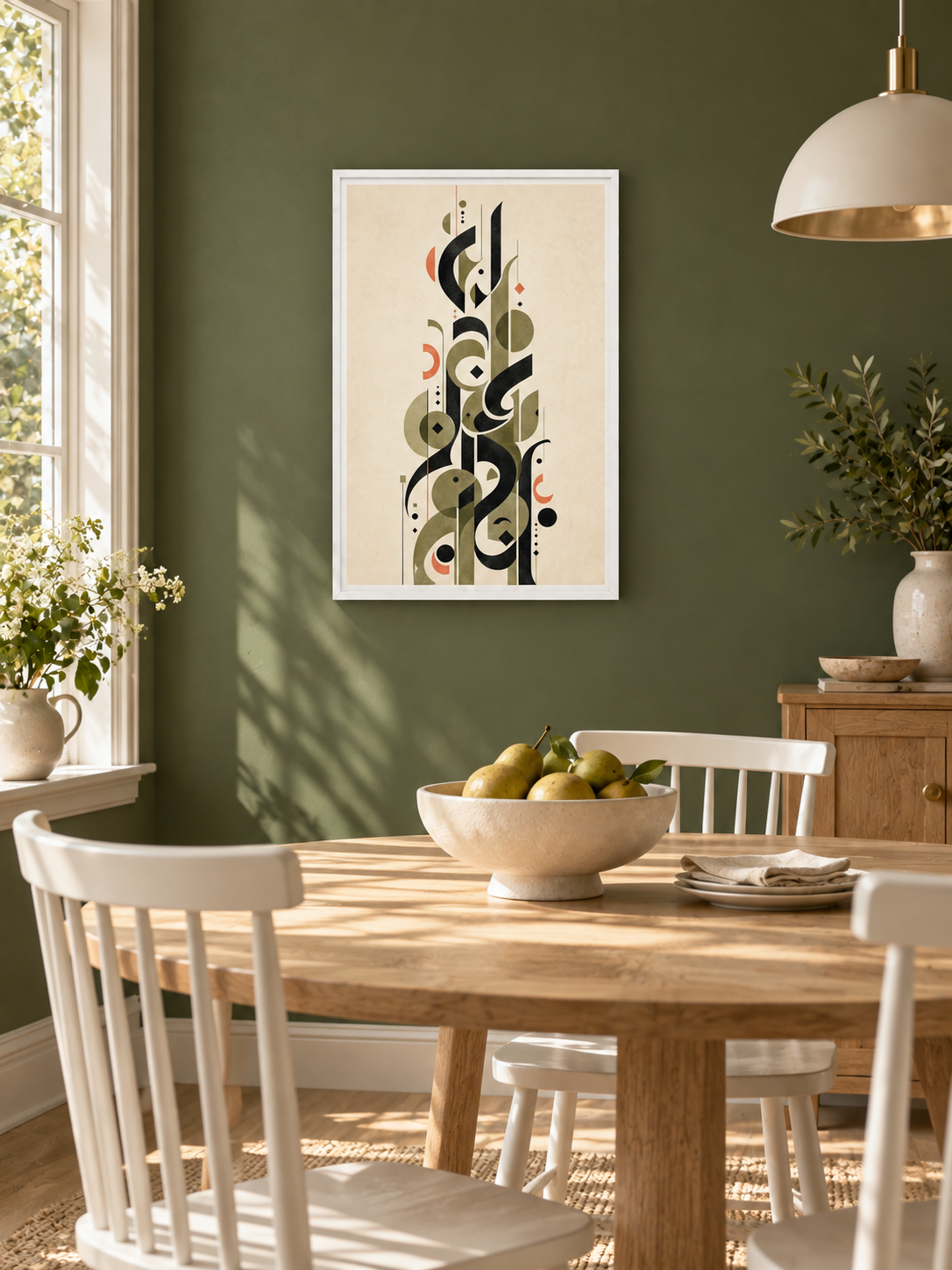 Olive Letterform: olive and charcoal Arabic letterforms with coral accents, displayed in a slim white frame in a styled interior.