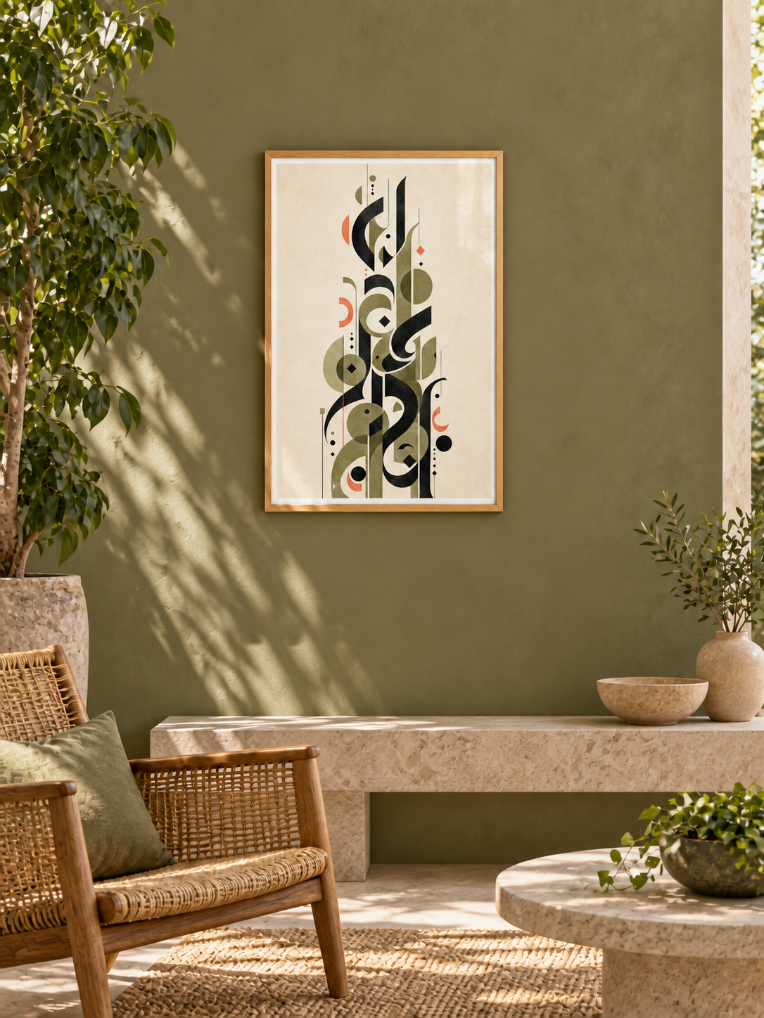 Olive Letterform: olive and charcoal Arabic letterforms with coral accents, displayed in a slim light wooden texture PVC frame in a styled interior.