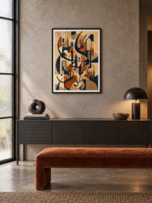 City Script: navy and terracotta calligraphy with architectural geometric shapes, displayed in a slim black frame in a styled interior.