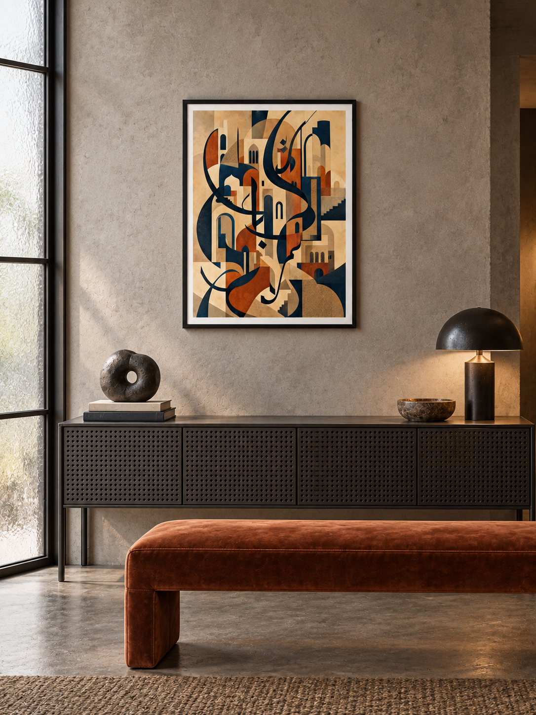 City Script: navy and terracotta calligraphy with architectural geometric shapes, displayed in a slim black frame in a styled interior.