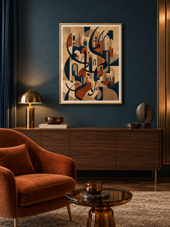 City Script: navy and terracotta calligraphy with architectural geometric shapes, displayed in a slim gold frame in a styled interior.