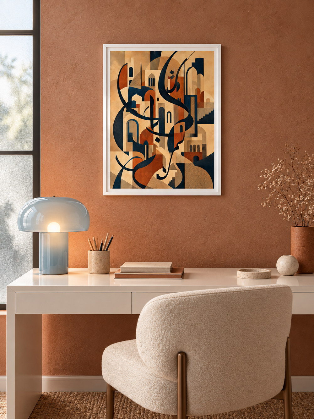 City Script: navy and terracotta calligraphy with architectural geometric shapes, displayed in a slim white frame in a styled interior.