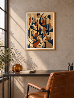 City Script: navy and terracotta calligraphy with architectural geometric shapes, displayed in a slim light wooden texture PVC frame in a styled interior.