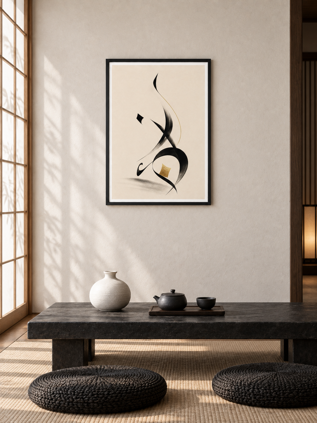 Ink Silence: minimal black Arabic brushwork with a small gold accent, displayed in a slim black frame in a styled interior.