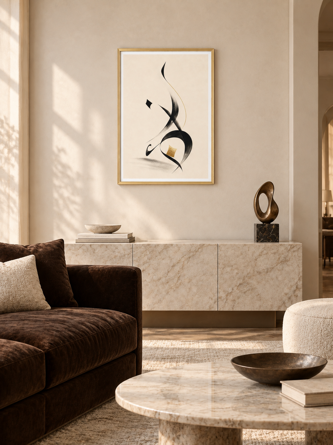 Ink Silence: minimal black Arabic brushwork with a small gold accent, displayed in a slim gold frame in a styled interior.
