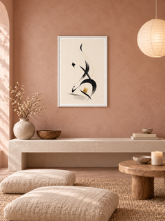 Ink Silence: minimal black Arabic brushwork with a small gold accent, displayed in a slim white frame in a styled interior.