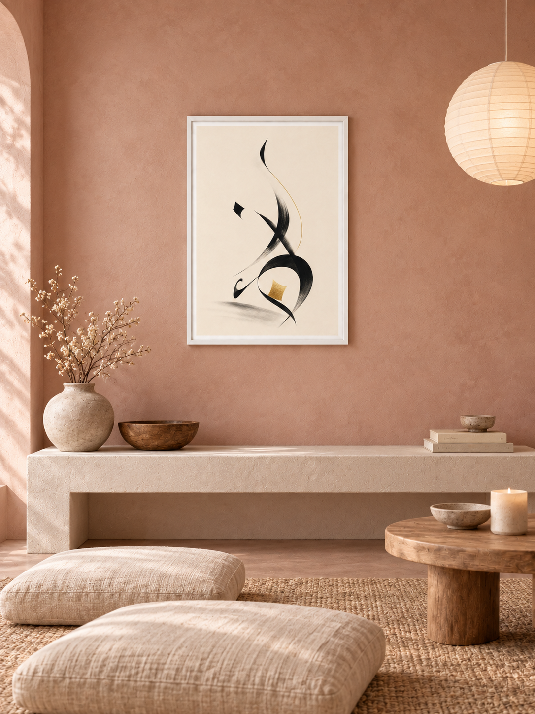 Ink Silence: minimal black Arabic brushwork with a small gold accent, displayed in a slim white frame in a styled interior.