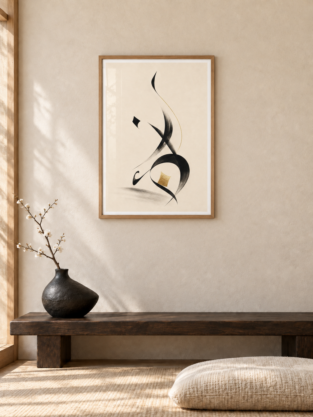 Ink Silence: minimal black Arabic brushwork with a small gold accent, displayed in a slim light wooden texture PVC frame in a styled interior.