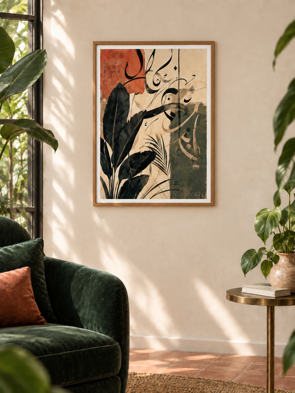 Botanical Phrase: botanical leaves and Arabic-inspired calligraphy in olive and terracotta, displayed in a slim light wooden texture PVC frame in a styled interior.