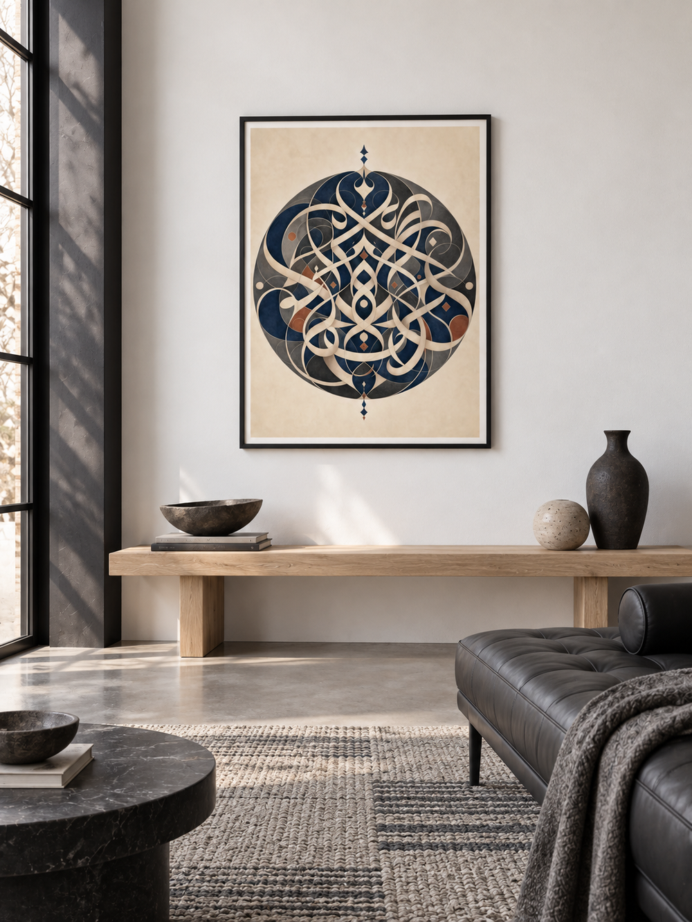 Circular Echo: circular interlaced Arabic-inspired motif in navy and charcoal, displayed in a slim black frame in a styled interior.