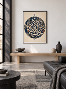Circular Echo: circular interlaced Arabic-inspired motif in navy and charcoal, displayed in a slim black frame in a styled interior.