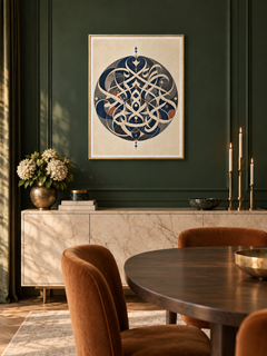 Circular Echo: circular interlaced Arabic-inspired motif in navy and charcoal, displayed in a slim gold frame in a styled interior.