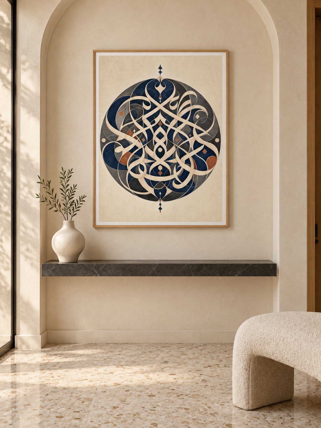 Circular Echo: circular interlaced Arabic-inspired motif in navy and charcoal, displayed in a slim light wooden texture PVC frame in a styled interior.