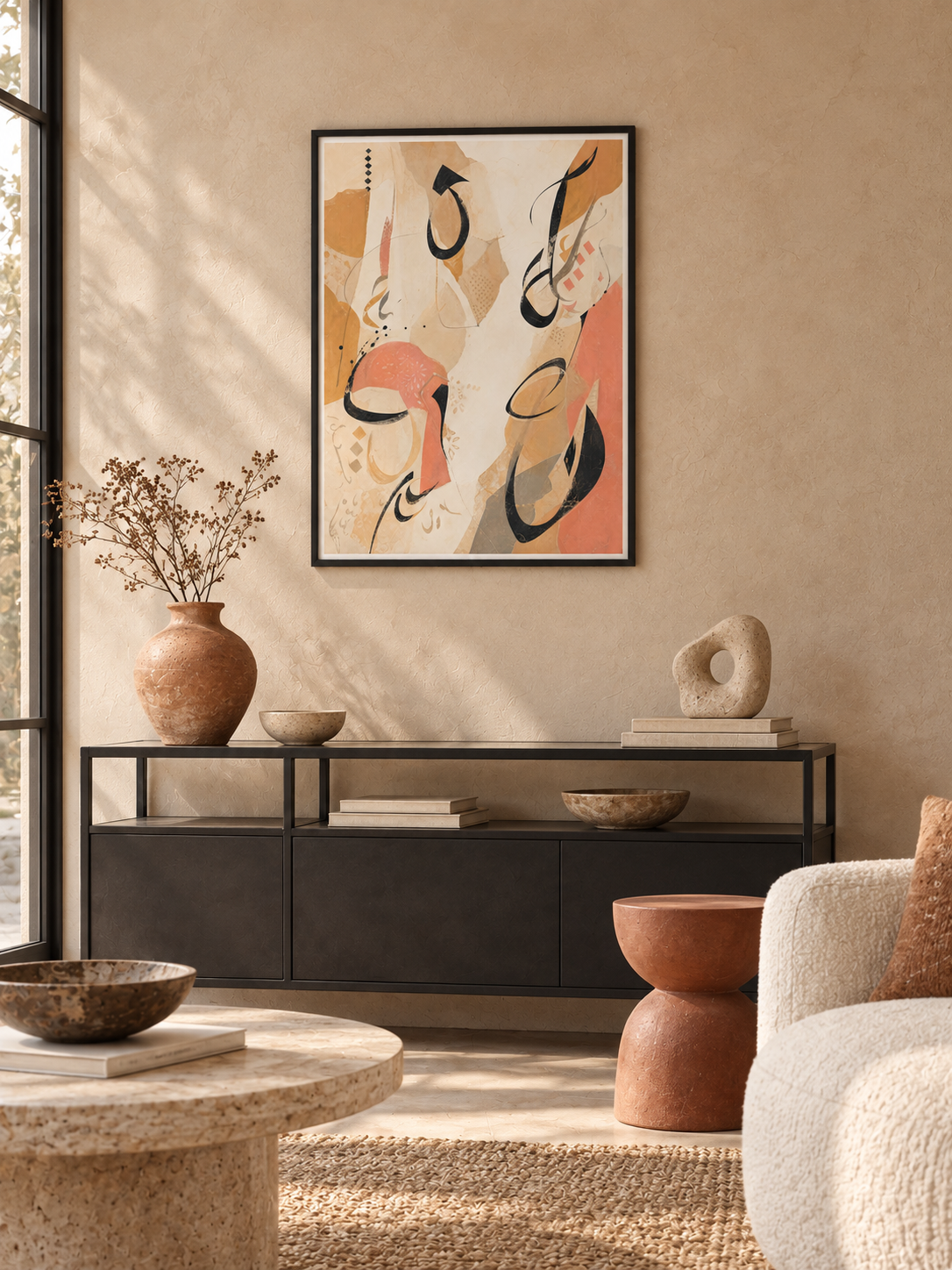 Sand Gesture: loose Arabic-inspired marks over sand and peach abstract shapes, displayed in a slim black frame in a styled interior.