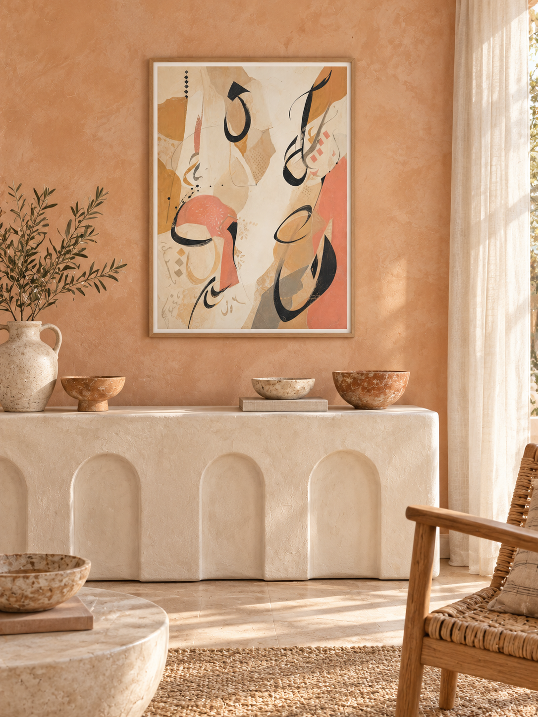 Sand Gesture: loose Arabic-inspired marks over sand and peach abstract shapes, displayed in a slim light wooden texture PVC frame in a styled interior.