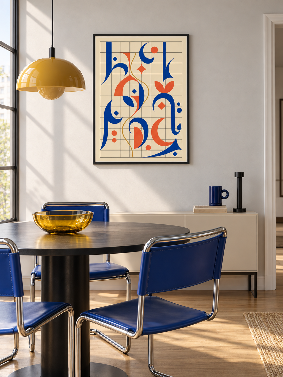 Grid Letter: cobalt and orange Arabic-inspired forms on a geometric grid, displayed in a slim black frame in a styled interior.