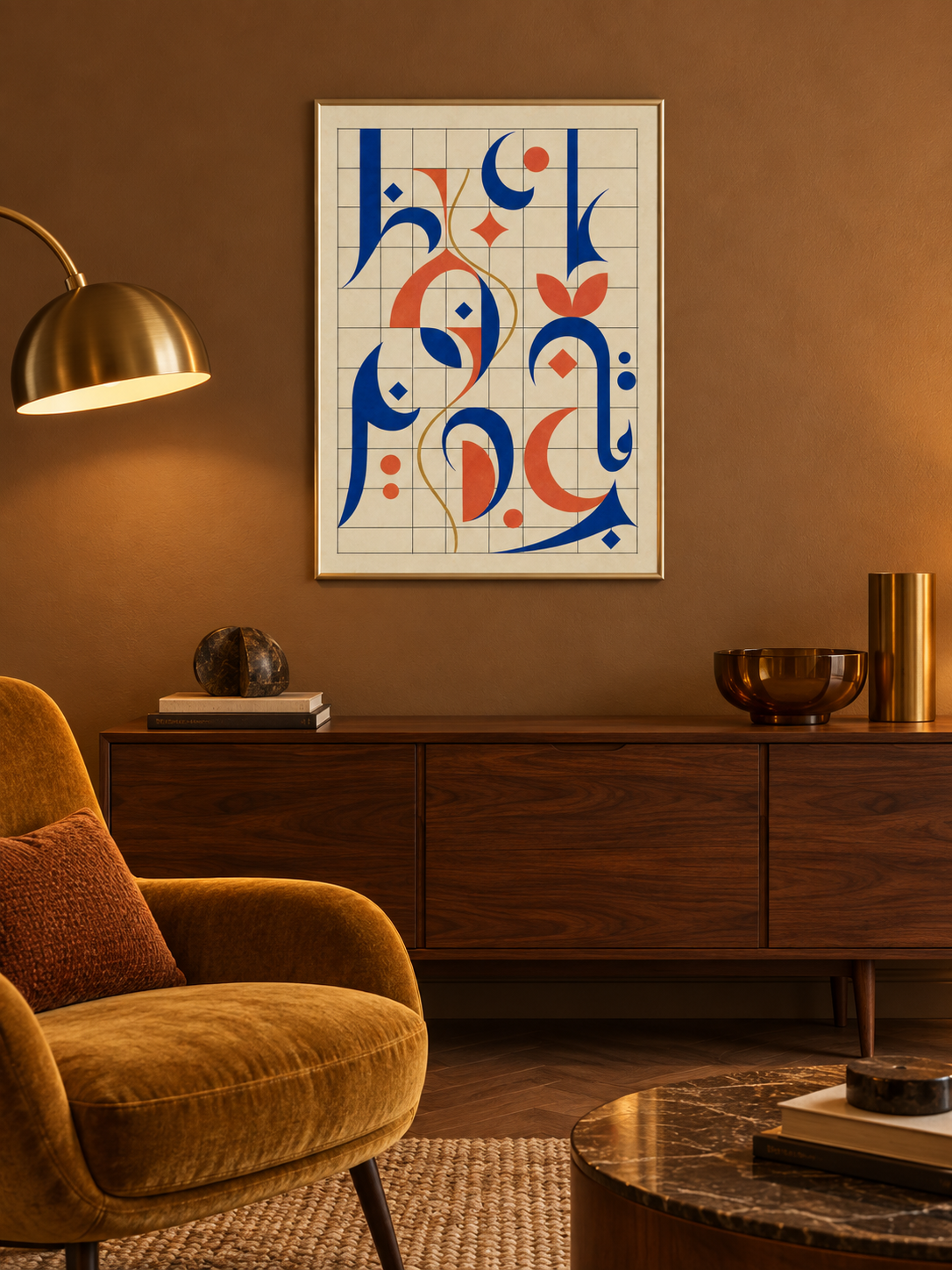 Grid Letter: cobalt and orange Arabic-inspired forms on a geometric grid, displayed in a slim gold frame in a styled interior.