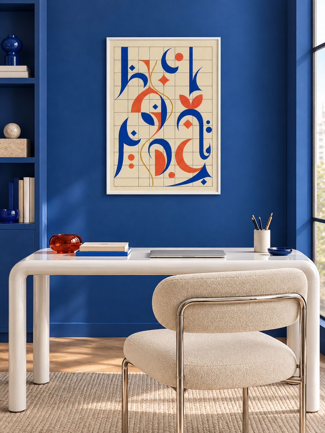 Grid Letter: cobalt and orange Arabic-inspired forms on a geometric grid, displayed in a slim white frame in a styled interior.