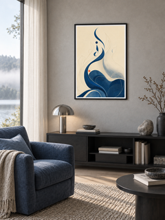 Sea Line: flowing blue Arabic-inspired curves and delicate gold-toned lines, displayed in a slim black frame in a styled interior.